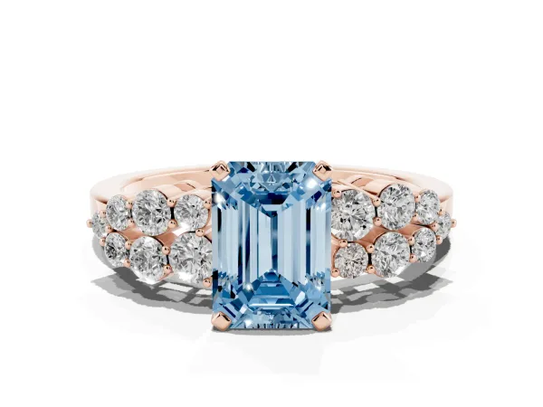 Fancy Blue Emerald Cut Cluster Diamond Engagement Ring with Pavé Band and Four-Prong Setting Rose gold