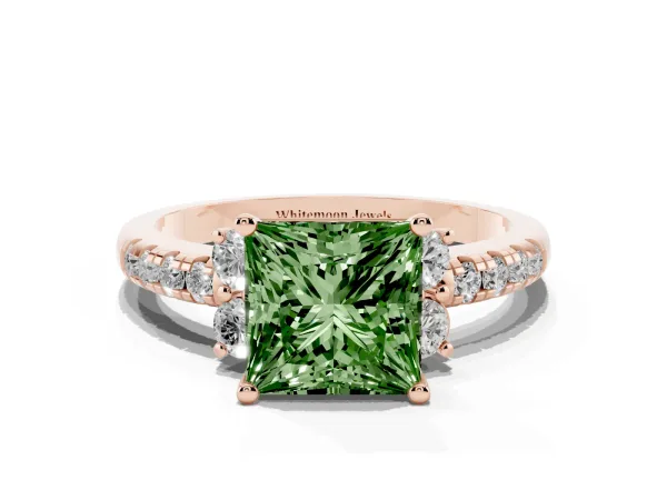 Fancy Green Princess Cut Diamond Three-Stone Pave Band with Four-Prong Setting Rose gold