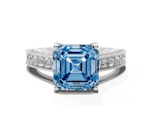 Fancy Blue Asscher Cut Cut Diamond Solitaire Ring with Milgrain Pave Band and Four Prong Setting Platinum