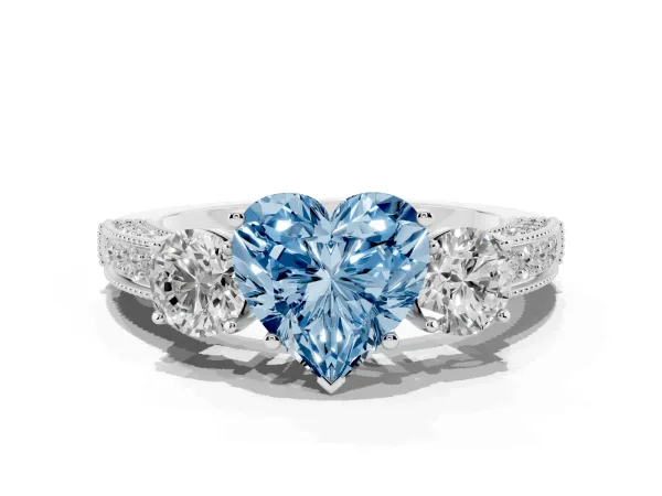 Fancy Blue Heart Cut Three-Stone Diamond Ring with Pavé Band and Four-Prong Setting White gold