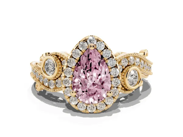 Fancy Pink Pear Cut Diamond Halo Ring with Milgrain Pavé Band and Four-Prong Setting Yellow gold
