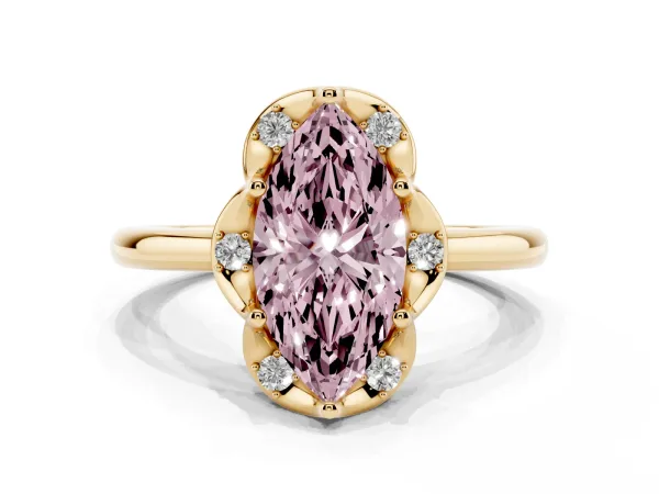 Fancy Pink Marquise Cut Halo Diamond Ring with Round Cluster Setting, Solitaire Band, and Four-Prong Setting Yellow gold