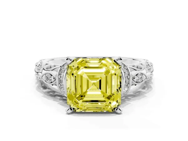 Fancy Yellow Asscher Cut Diamond Solitaire Ring with Filigree Band and Four-Prong Setting Platinum