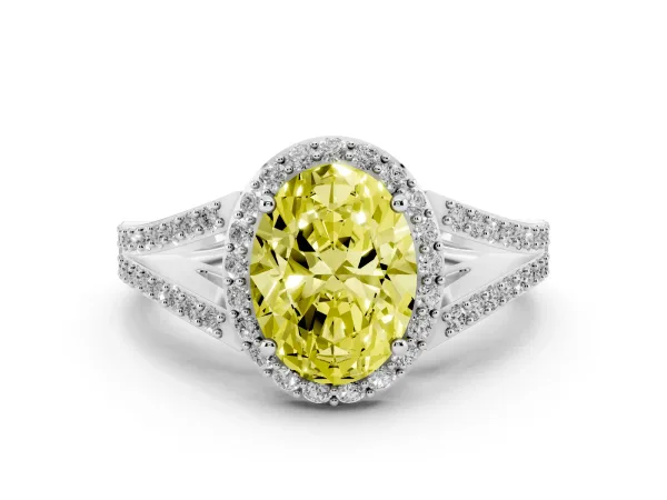 Fancy Yellow Oval Cut Halo Split Shank Diamond Ring with Prong Setting White gold