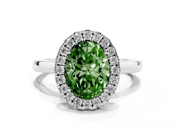 Fancy Green Oval Cut Halo Diamond Solitaire with Pavé Band and Four-Prong Setting White gold