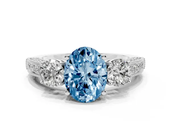 Fancy Blue Oval Cut Three-Stone Diamond Ring with Pavé Band and Four-Prong Setting White gold