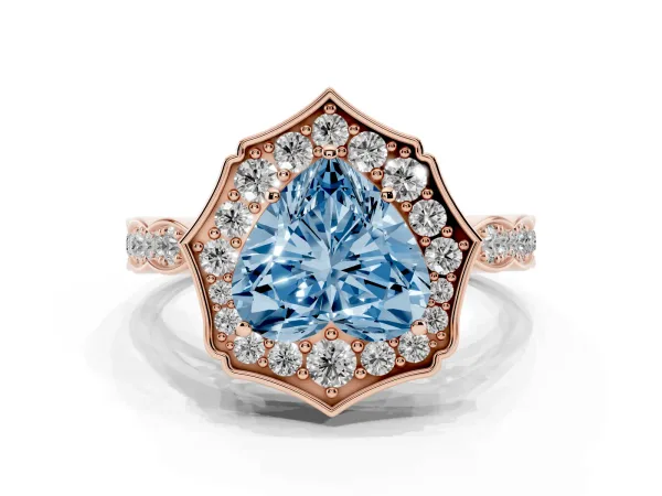 Fancy Blue Heart Cut Halo Diamond Engagement Ring with Milgrain Band and Four-Prong Setting Rose gold