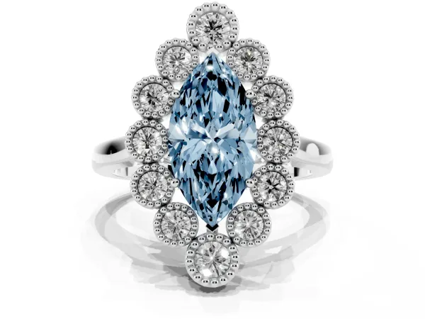 Fancy Blue Marquise Cut Halo Diamond Cluster Engagement Ring with Milgrain Bezel Setting and Solitaire Band White gold
