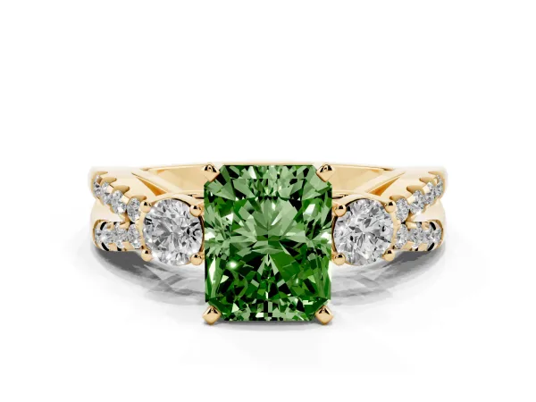 Fancy Green Radiant Cut Diamond Three-Stone Ring with Pavé Split Shank and Four-Prong Setting Yellow gold