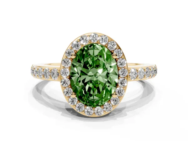 Fancy Green Oval Cut Halo Diamond Pavé Band Ring with Prong Setting Yellow gold