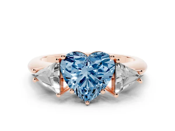 Fancy Blue Three-Stone Heart Cut Diamond Engagement Ring with Trillion Side Stones and Prong Setting Rose gold