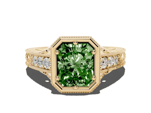 Fancy Green Bezel Set Radiant Cut Diamond Milgrain Pave Engagement Ring Yellow gold