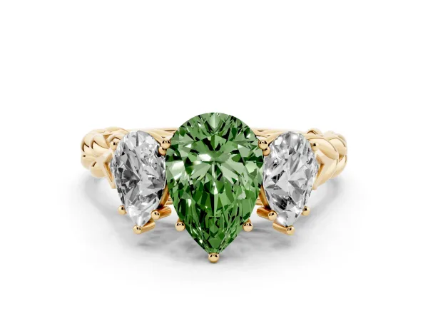 Fancy Green Three-Stone Pear Cut Diamond Braided Band Ring with Four-Prong Setting Yellow gold