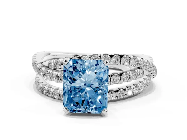 Fancy Blue Radiant Cut Solitaire Twist Band with Pavé Setting and Four-Prong Setting Platinum