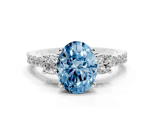 Fancy Blue Oval Cut Three-Stone Diamond Pavé Band with Prong Setting Platinum