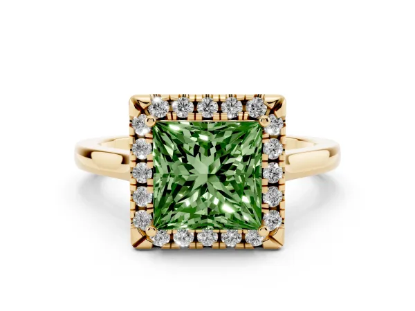 Fancy Green Princess Cut Halo Round Diamond Solitaire Ring with Pavé Band and Four-Prong Setting Yellow gold