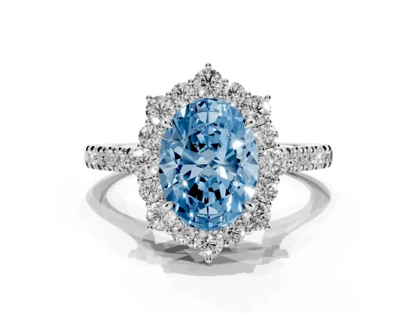 Fancy Blue Oval Cut Halo Diamond Ring with Pavé Band and Prong Setting Platinum