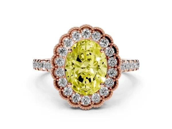 Fancy Yellow Oval Cut Cut Diamond Milgrain Floral Halo Engagement Ring with Pavé Band Rose gold