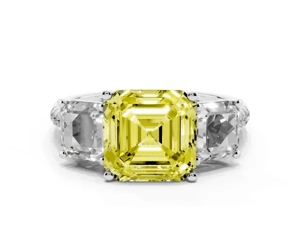 Fancy Yellow Three-Stone Asscher Cut Diamond Ring with Round Pavé Band and Prong Setting Platinum