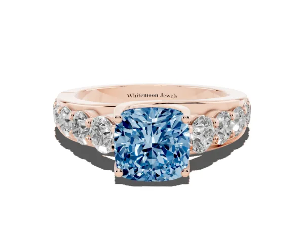 Fancy Blue Cushion Cut Diamond Engagement Ring with Pavé Band and Four-Prong Setting Rose gold