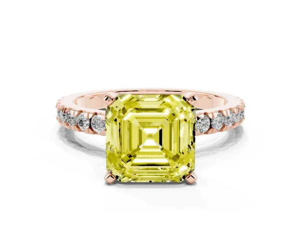 Fancy Yellow Asscher Cut Diamond Pavé Band Solitaire with Four-Prong Setting Rose gold