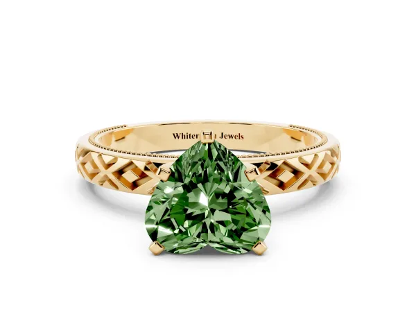 Fancy Green Heart Cut Solitaire Diamond Ring with Milgrain and Black Enamel X Pattern Band Yellow gold