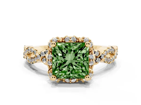 Fancy Green Princess Cut Halo Twist Band Solitaire Ring with Six-Prong Setting Yellow gold