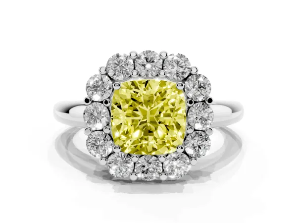 Fancy Yellow Cushion Cut Halo Cluster Diamond Engagement Ring with Prong Setting and Polished Band White gold