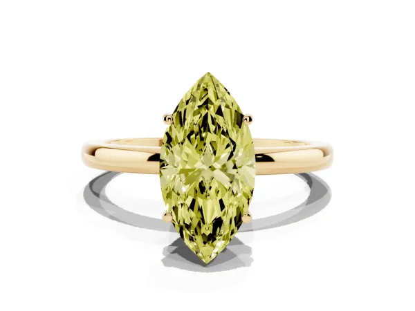 Fancy Yellow Marquise Cut Solitaire Diamond Ring with Prong Setting and Plain Band Yellow gold