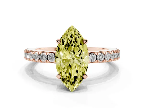 Fancy Yellow Marquise Cut Solitaire Diamond with Pavé Band and Four-Prong Setting Rose gold