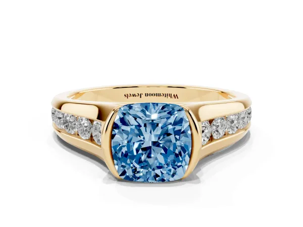 Fancy Blue Cushion Cut Solitaire Bezel-Set Diamond Ring with Channel-Set Band Yellow gold