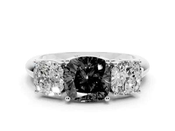 Fancy Black Three-Stone Cushion Cut Cut Diamond Engagement Ring with Prong Setting on a White Gold Band White gold