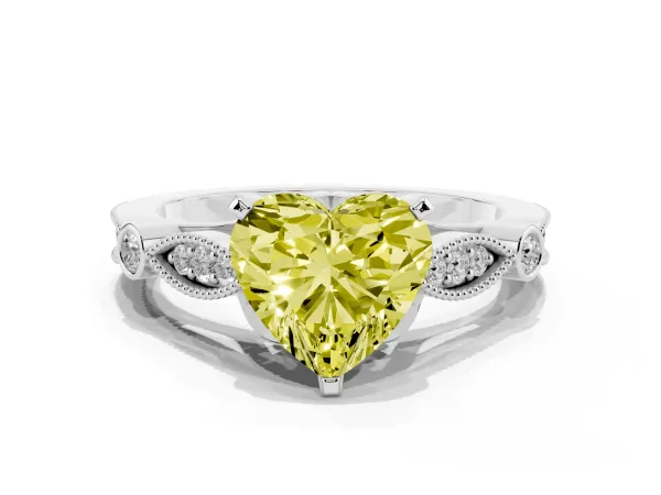 Fancy Yellow Heart Cut Cut Diamond with Milgrain Marquise and Bezel Accents on a Solitaire Band with Prong Setting Platinum