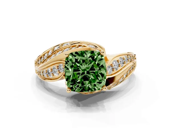 Fancy Green Cushion Cut Diamond Solitaire Ring with Prong Setting and Twisted Pavé Band Yellow gold