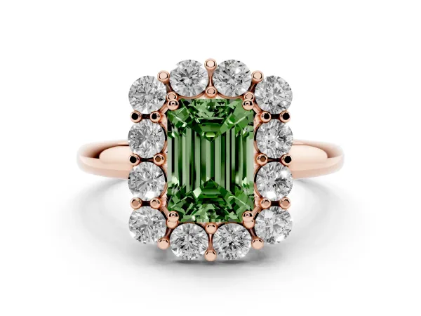 Fancy Green Emerald Cut Halo Cluster Diamond Engagement Ring with Prong Setting and Polished Band Rose gold