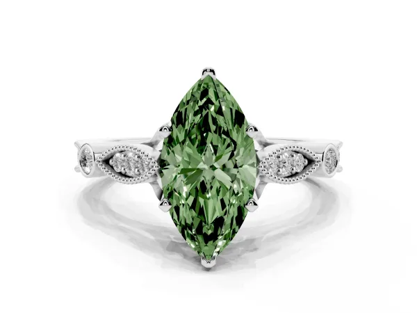 Fancy Green Marquise Cut Cut Diamond with Milgrain Marquise and Bezel Accents on a Solitaire Band with Prong Setting Platinum