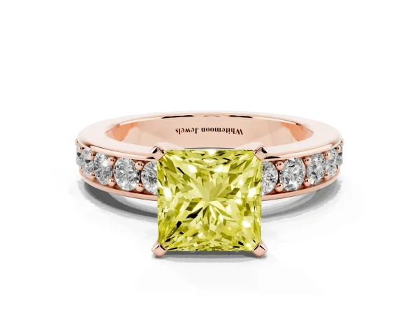Fancy Yellow Princess Cut Diamond Engagement Ring with Channel Set Round Band and Prong Setting Rose gold