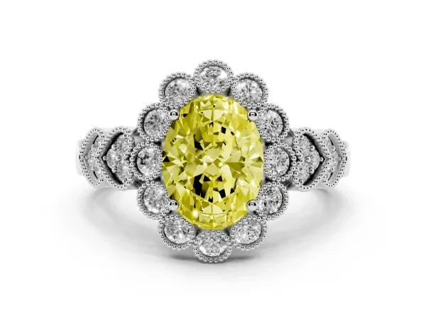 Fancy Yellow Oval Cut Brilliant Milgrain Pave Heart Band Solitaire Ring Platinum