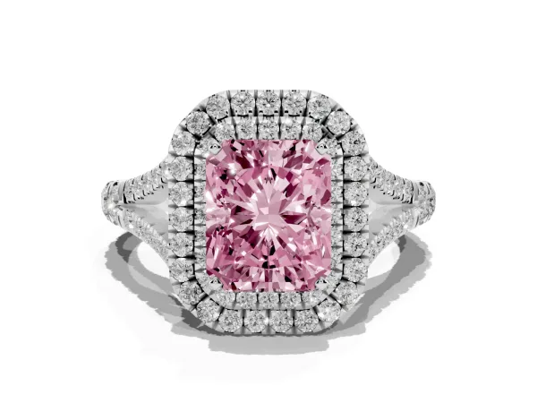 Fancy Pink Radiant Cut Diamond Pavé Split Shank Double Halo Engagement Ring White gold