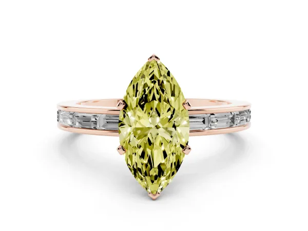 Fancy Yellow Marquise Cut Solitaire Diamond Ring with Channel-Set Baguette Band and Four-Prong Setting Rose gold