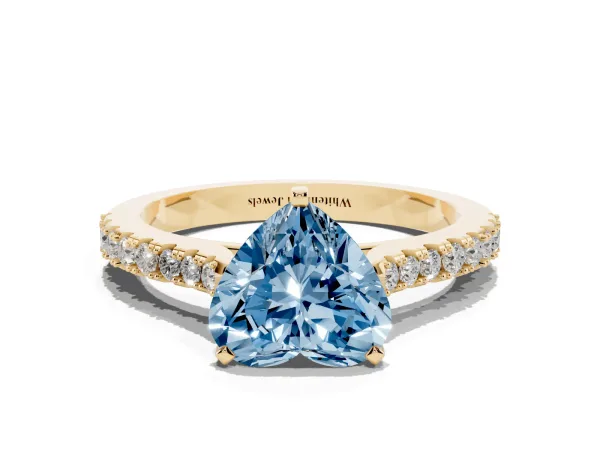 Fancy Blue Heart Cut Cut Solitaire Diamond Engagement Ring with Pave Band and Four-Prong Setting Yellow gold