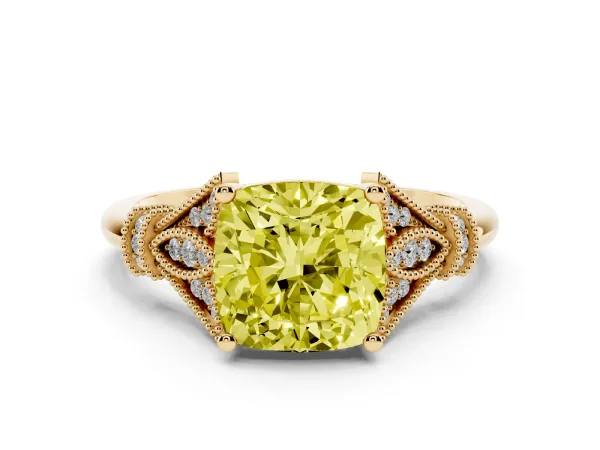 Fancy Yellow Cushion Cut Diamond Solitaire Ring with Floral Filigree and Pave Accents Yellow gold