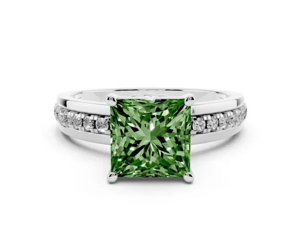 Fancy Green Princess Cut Solitaire Diamond Ring with Channel Set Band and Six-Prong Setting Platinum