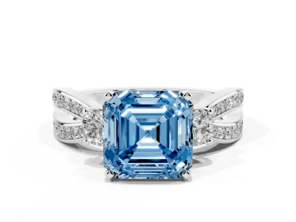 Fancy Blue Three-Stone Asscher Cut Cut Diamond Twist Band with Prong Setting Platinum