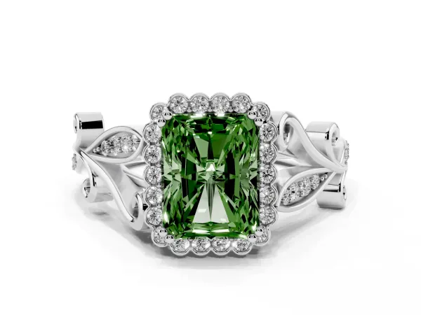 Fancy Green Radiant Cut Diamond Halo Ring with Vintage Split Shank and Four-Prong Setting White gold