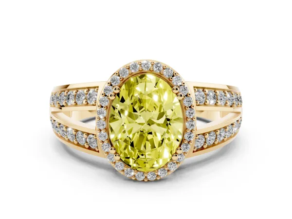 Fancy Yellow Oval Cut Diamond Halo Ring with Split Shank Pavé Band and Four-Prong Setting Yellow gold