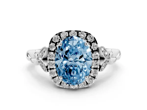 Fancy Blue Oval Cut Halo Diamond Engagement Ring with Vintage-Inspired Band and Four-Prong Setting Platinum