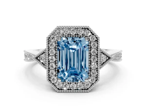 Fancy Blue Emerald Cut Halo Round Diamond Milgrain Pave Engagement Ring Platinum