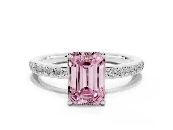Fancy Pink Emerald Cut Cut Diamond Pavé Band Ring with Four-Prong Setting White gold