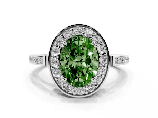 Fancy Green Oval Cut Diamond Halo Ring with Split Shank and Four-Prong Setting White gold